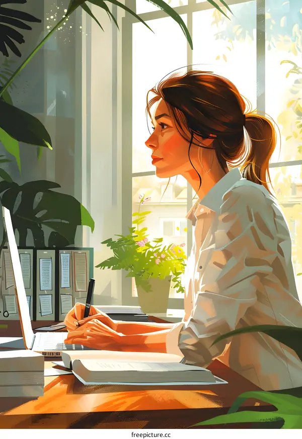 A woman is sitting at a desk, writing in a book.