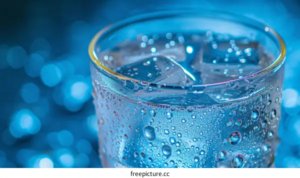 Close-up of a glass of water with ice cubes on a blue background