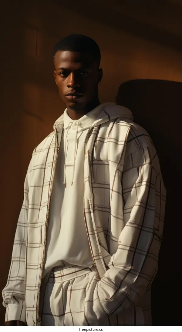 Black man in a white and brown plaid jacket and pants