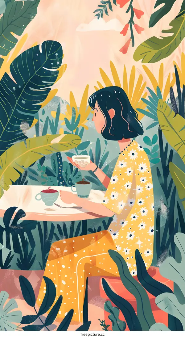 Woman Sitting in Garden Drinking Coffee and Tea