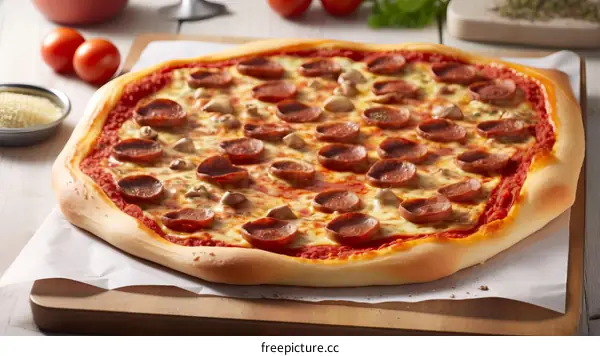 A delicious pepperoni pizza on a table ready to be devoured