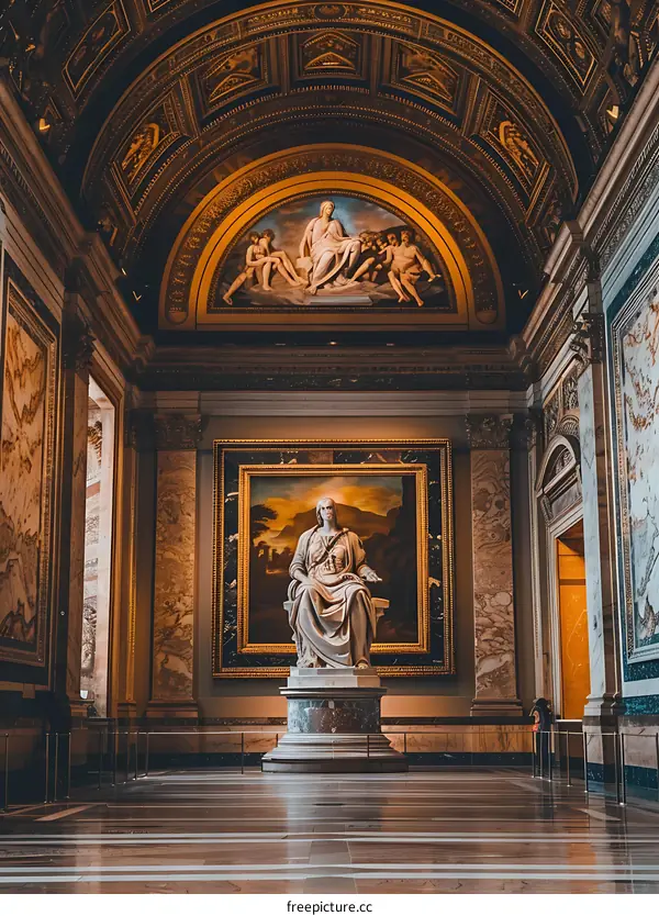 Marble Statue in an Ornate Hallway with a Painting