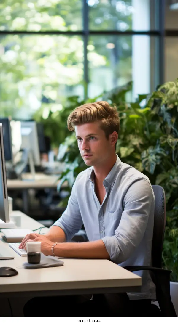 Young male professional working at a computer in an office