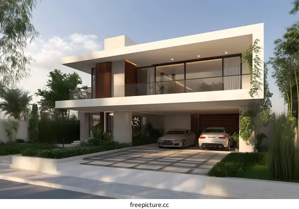 Modern Minimalist House with Two Cars in the Garage