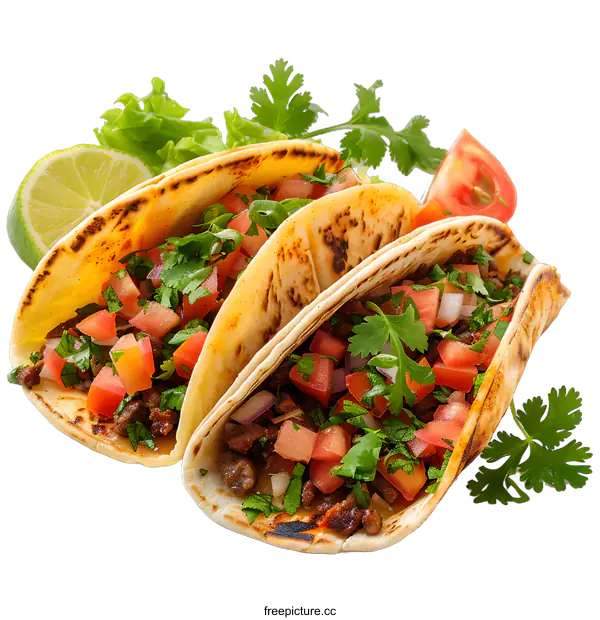 [Transparent Background PNG]Three delicious tacos with ground beef, tomatoes, onions and cilantro