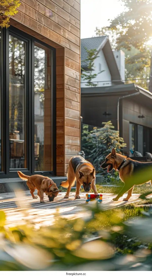 Three dogs playing with a toy in the backyard