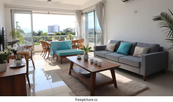 Modern Living Room with Floor-to-Ceiling Windows and City Views