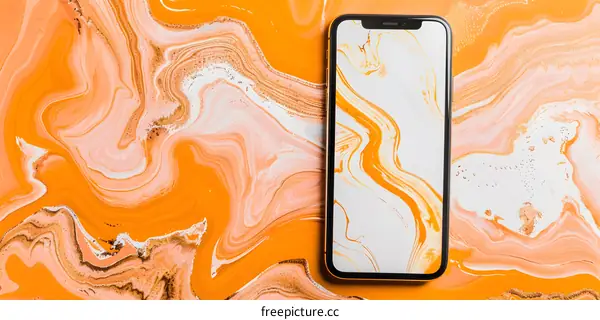 Orange and White Marble Background With Black Phone
