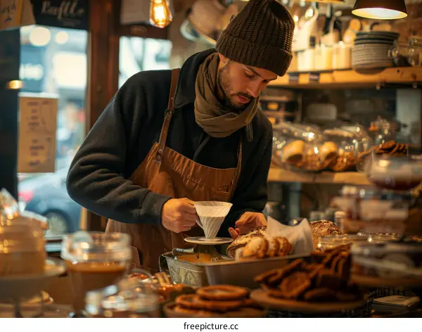 Barista making coffee with a V60 coffee maker in a coffee shop