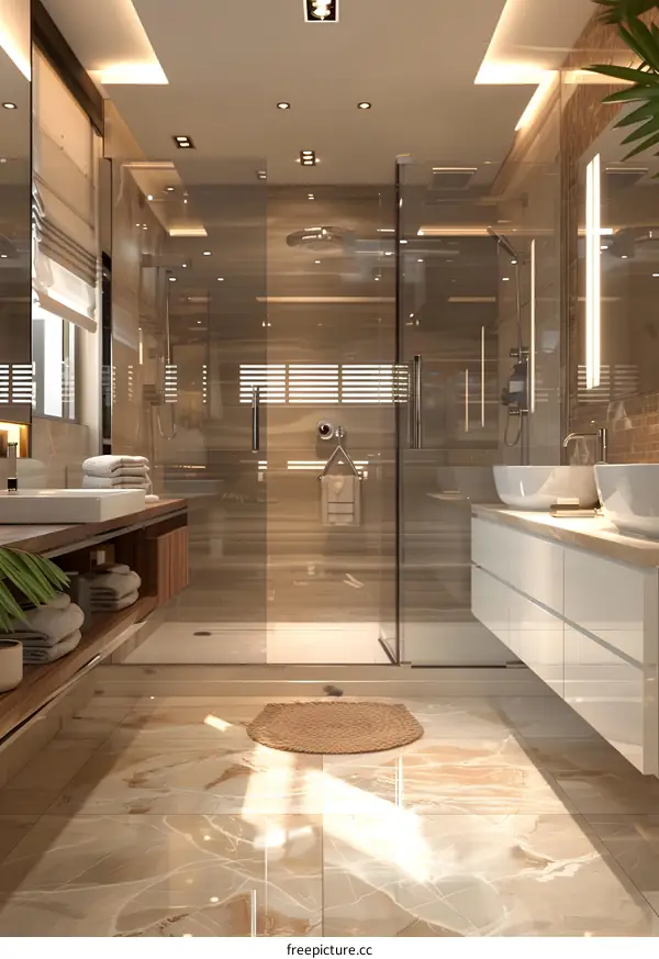 A luxurious bathroom with marble tiles, glass shower doors, and a large mirror