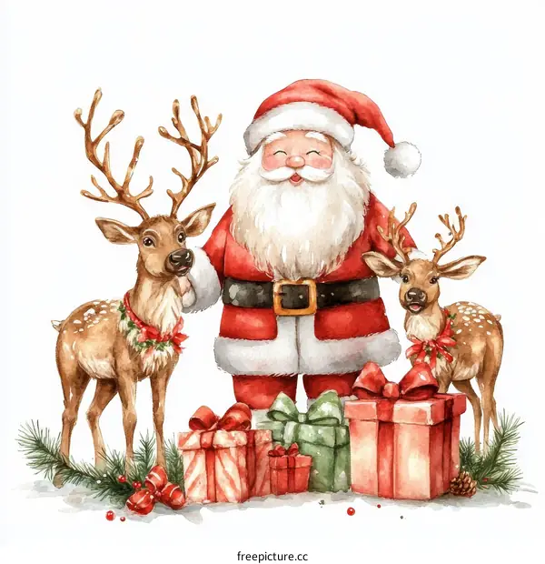 Christmas Illustration of Santa Claus with Reindeers and Gifts