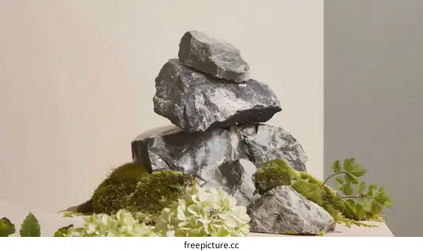 Gray Stones Stacked With Moss and Flowers