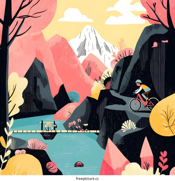 Mountain Landscape with Cyclist and People on a Bridge