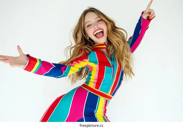 Young Woman in a Vibrant Striped Dress Posing
