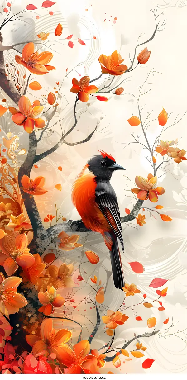 A red bird sits on a branch with orange flowers.