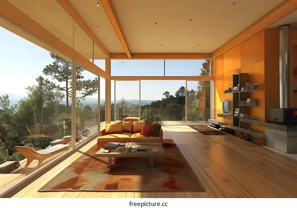 A modern living room with large windows and a fireplace