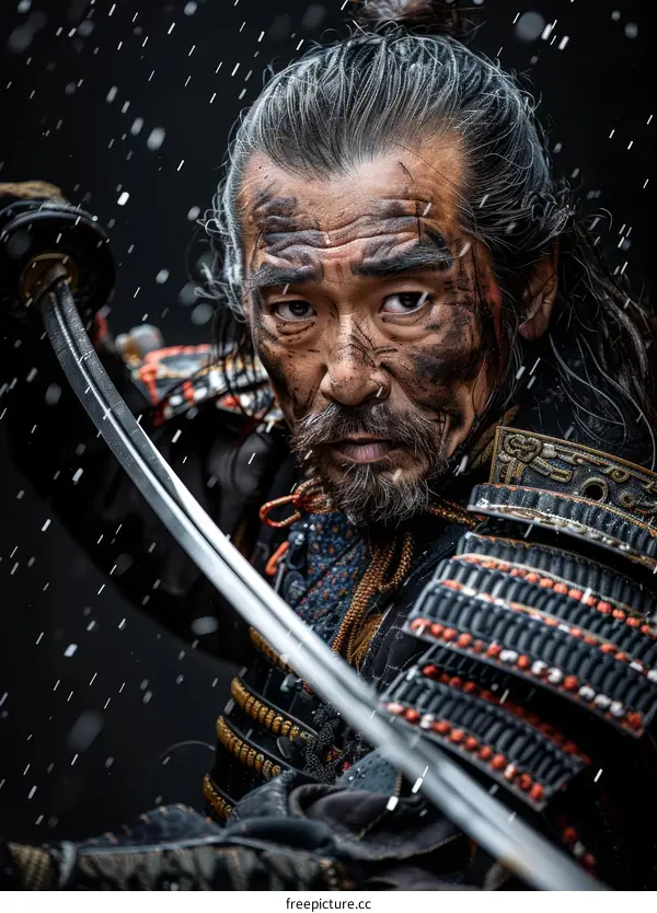 Portrait of a determined samurai warrior with a sword