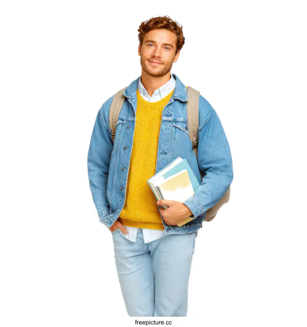 [Transparent Background PNG]Smiling Caucasian Student Holding Books