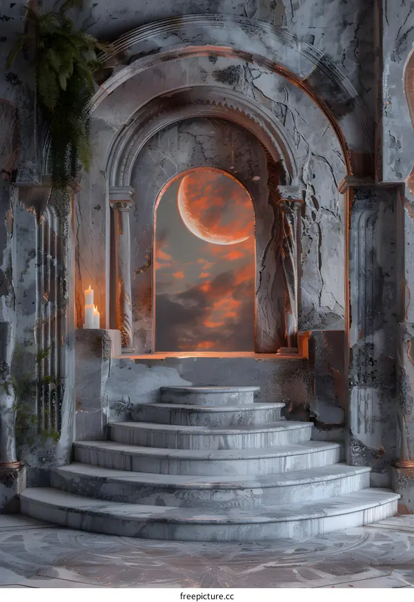 Fantasy Stone Stairs Leading to a Moonlit Sky