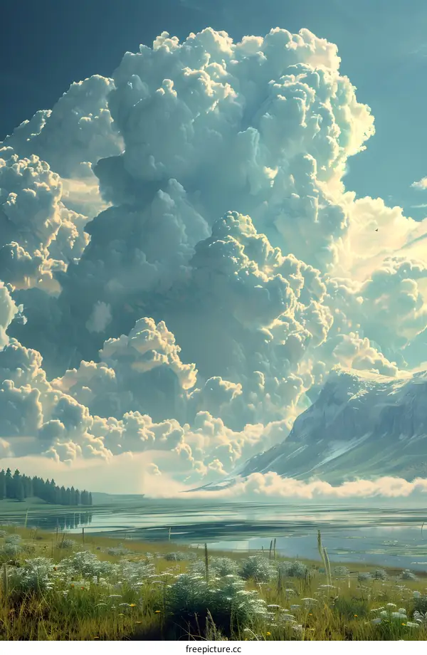 Cumulus clouds over a mountain lake