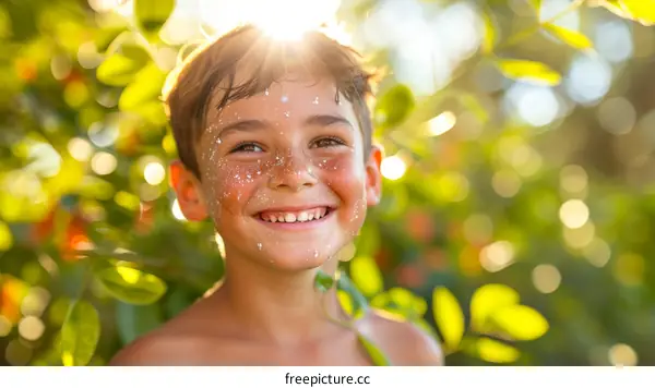 Portrait of a happy boy with face paint smiling in a sunlit garden