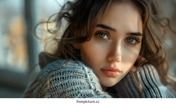 Close Up Portrait of a Beautiful Young Woman with Wavy Hair