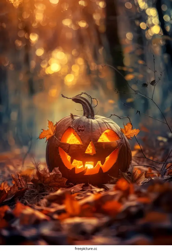 Halloween pumpkin glowing in the woods