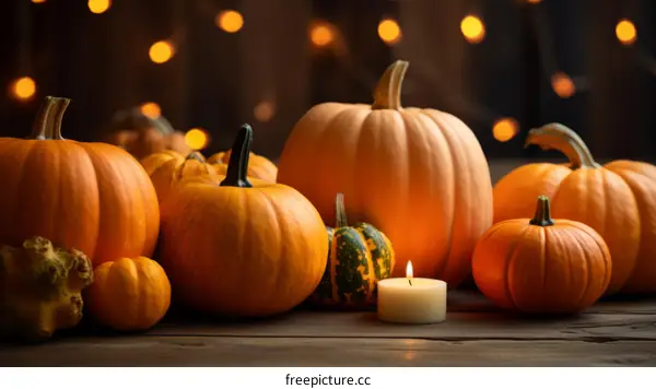 A Group of Pumpkins with a Candle on a Wooden Table