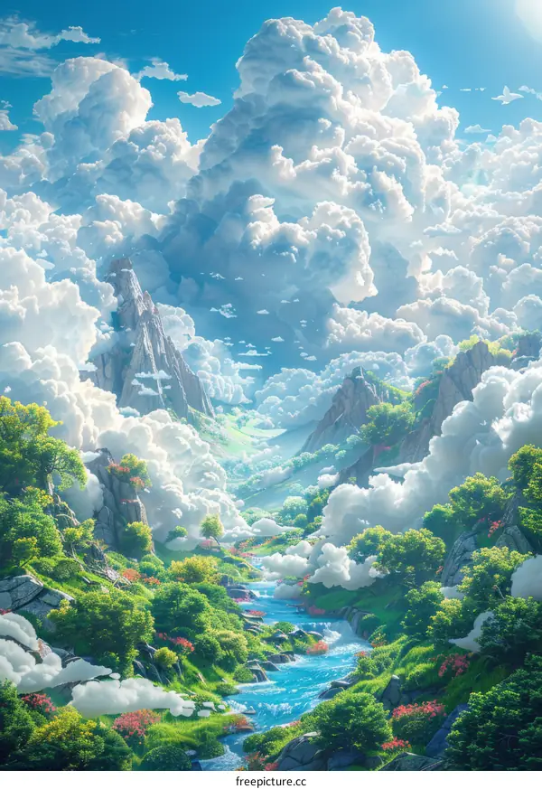 Fairytale landscape with fluffy clouds and mountains