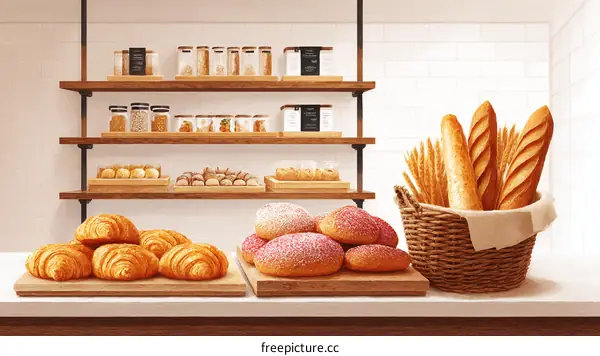 Bakery Display with Freshly Baked Breads and Croissants