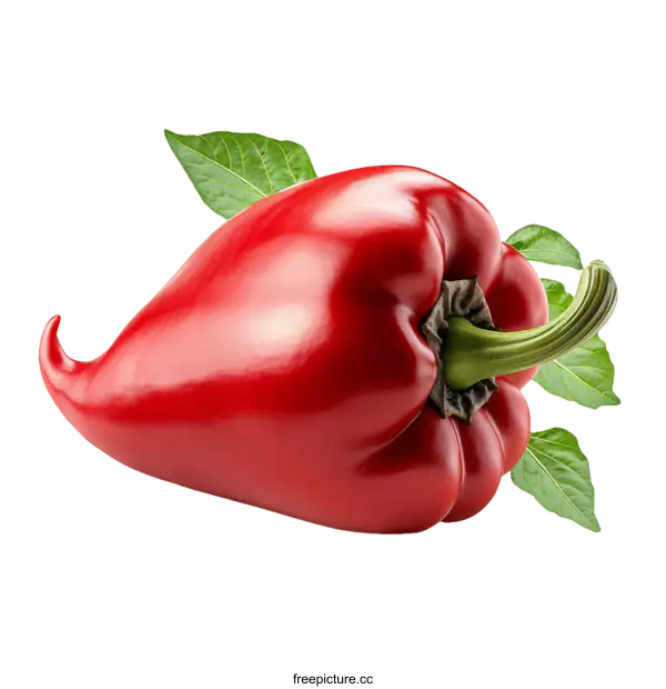 [Transparent Background PNG]Fresh Red Bell Pepper with Leaves Close-up