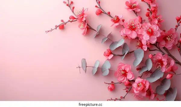Pink cherry blossom flowers on a pink background
