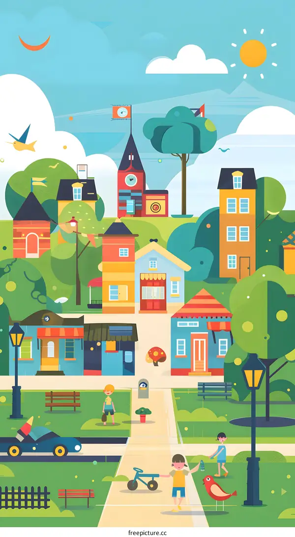 Colorful Illustration of a Happy Town with Kids Playing