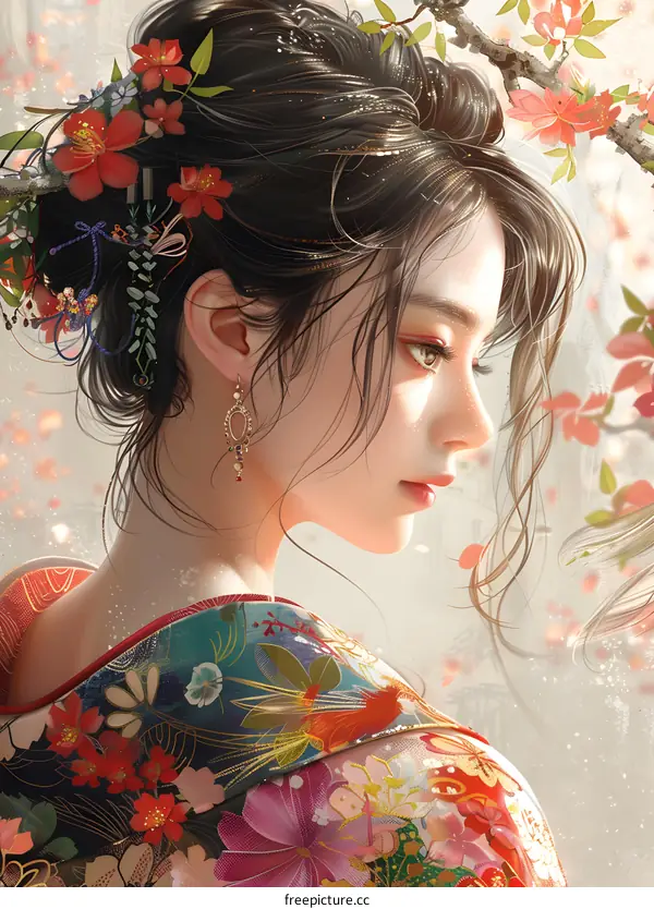 An Asian woman in a kimono with red and pink flowers in her hair