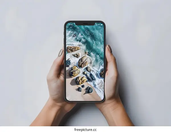 Hands Holding a Smartphone With an Aerial View of Ocean Waves Crashing on a Beach