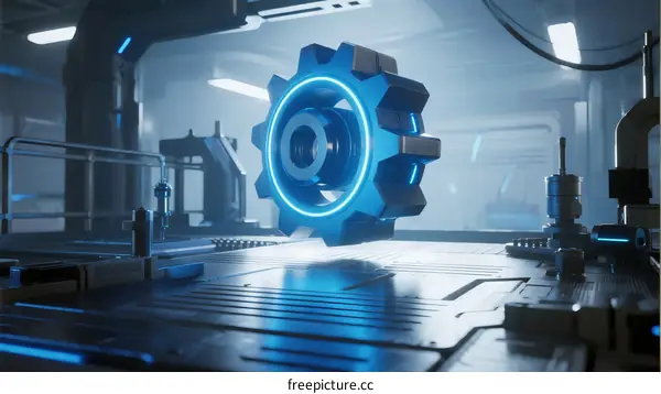 Blue glowing gear in futuristic industrial technology setting