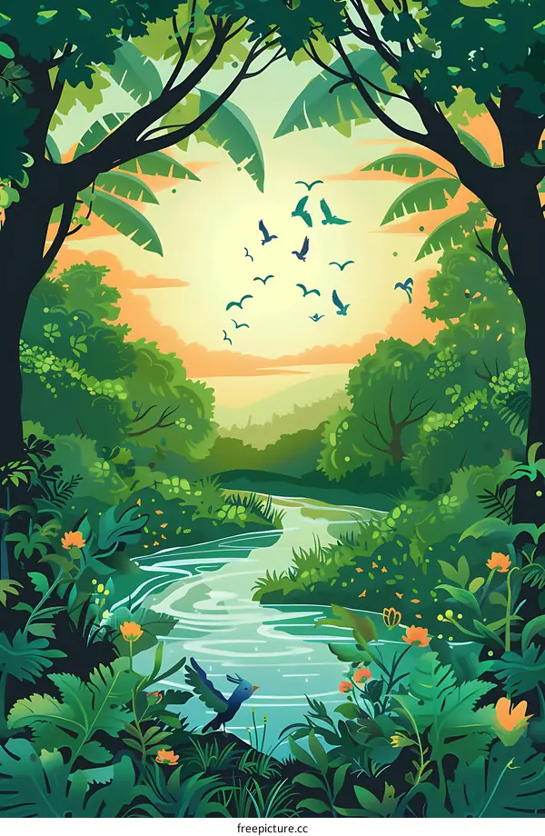 Jungle Landscape with River and Birds