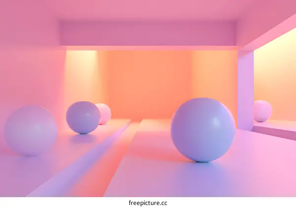 Minimalist 3D Room With Purple Balls and Pink and Orange Walls