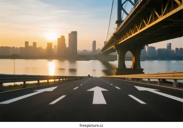 Sunset view of modern bridge over river with city skyline in background