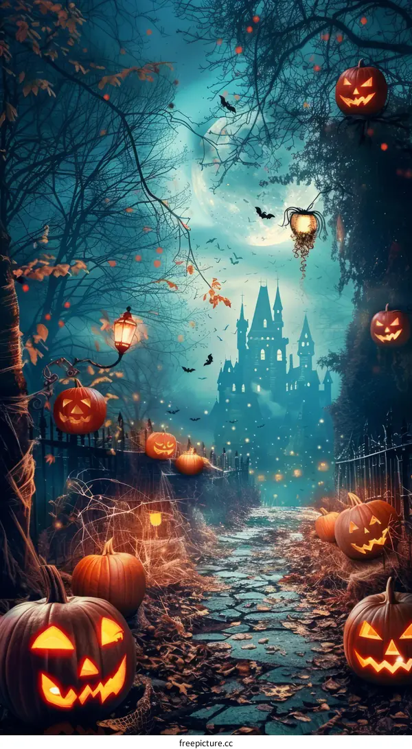 Spooky Halloween night with haunted castle and creepy pumpkins