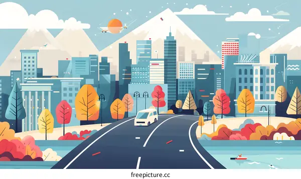 Modern Cityscape with Mountains and Drone