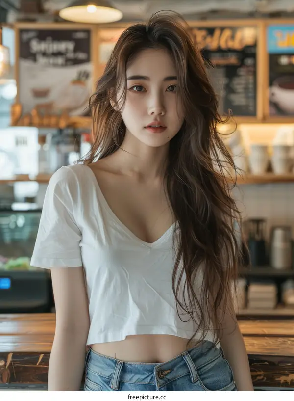 Young Woman with Long Hair and White T-Shirt in a Coffee Shop