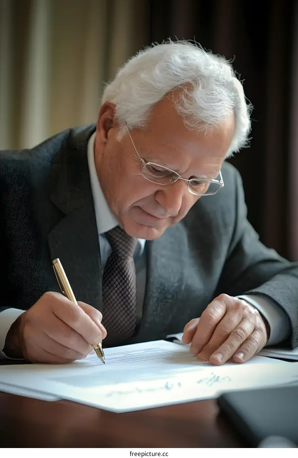 Businessman Signing a Document with a Golden Pen