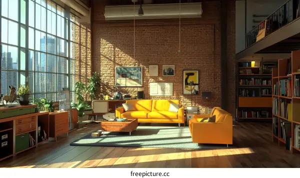 Modern Loft Living Room Illustration with City View