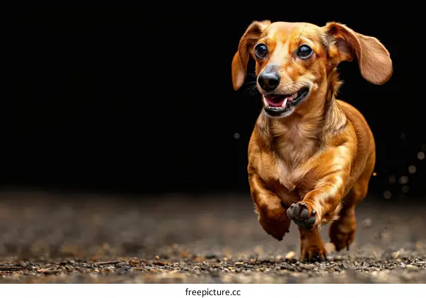 A happy brown dachshund running in the park