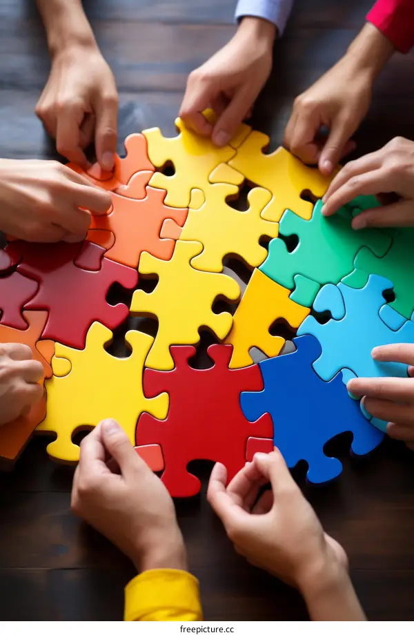 Diverse group of people putting together puzzle pieces