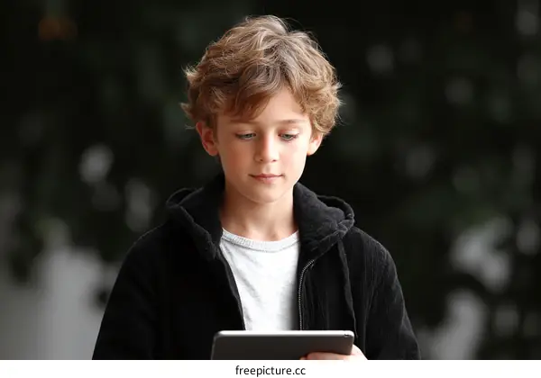 Focused Child Using Tablet Outdoor Portrait