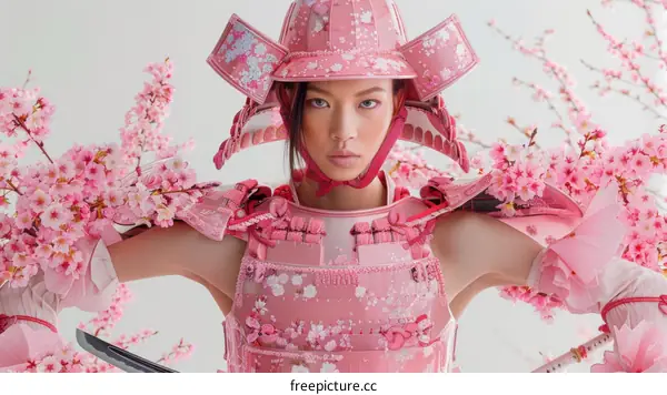 A young woman wearing a pink samurai armor with cherry blossoms