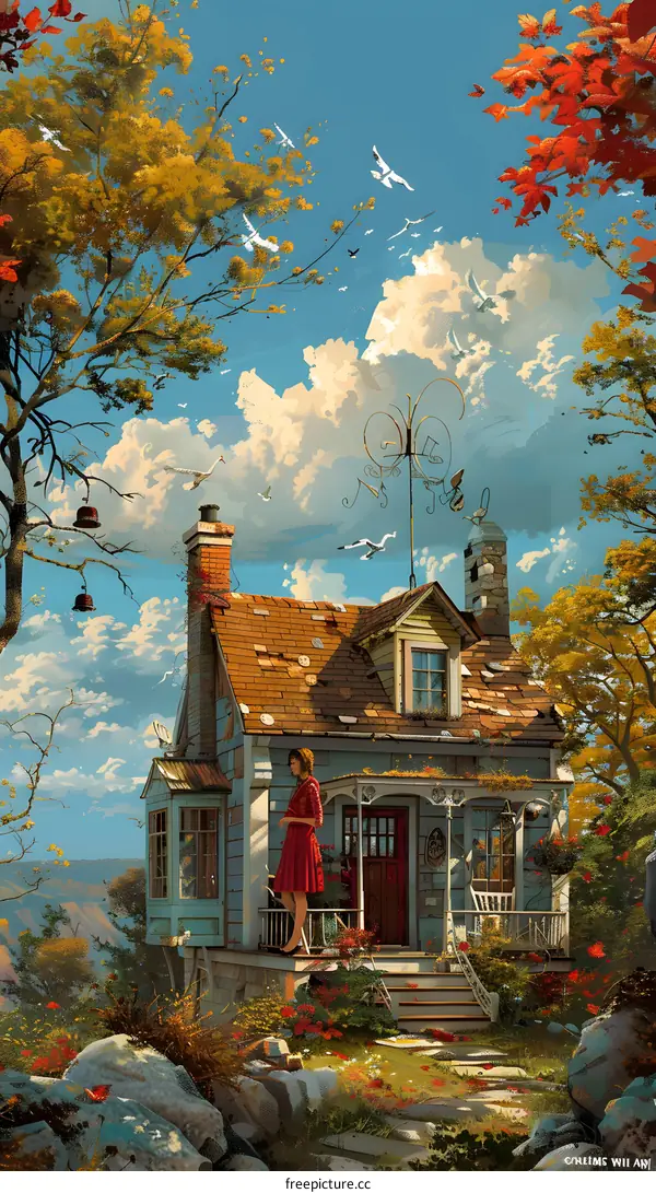 A woman standing on the porch of a small house in the countryside