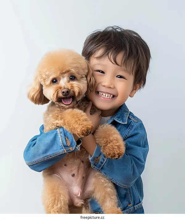 A boy is hugging a brown toy poodle